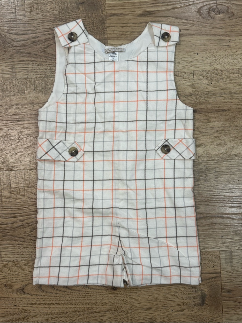 The Beaufort Bonnet Company Cream Romper with Orange & Gray Grid